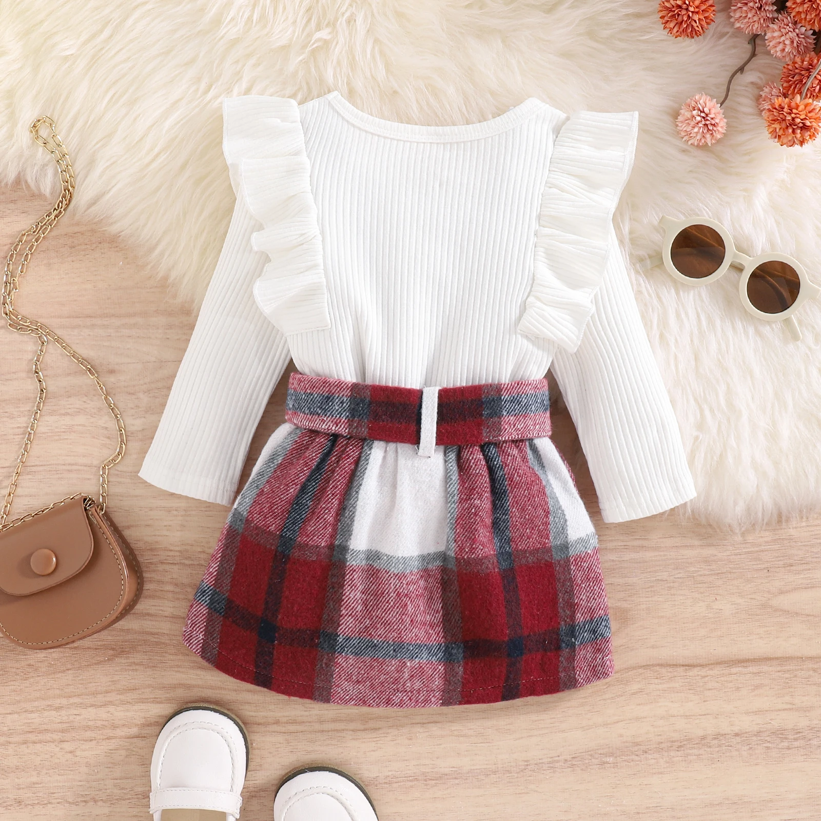 Citgeett Autumn Kids Toddler Girls Outfit Sets Solid Color Long Sleeve Ribbed Tops + Plaid Skirt Belt Spring Clothes