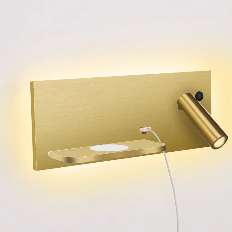 

Gold Luxury Reading Wall Light Home Hotel Bedroom Wireless Charger Board USB Charger Outlet Dual Switch Led Light Fixtures