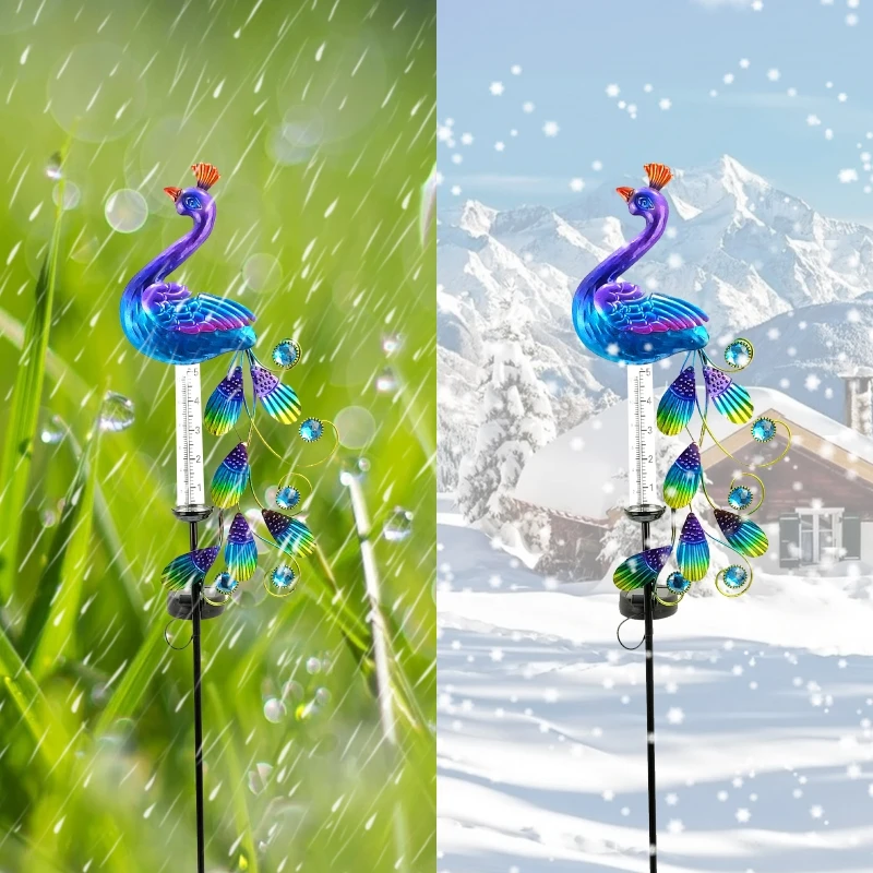 Rain Gauge for Yard Patio Lawn Anti Deform Stable Peacock Garden Stake with Solar Lamp 33.8in Rustproof Garden Ornament