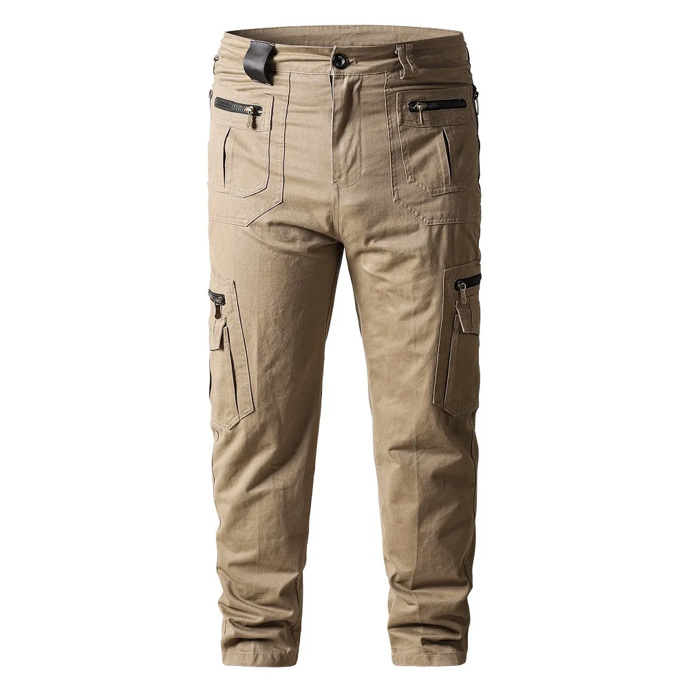 Calça masculina casual de algodão, calça cargo de cor sólida, trekking ao ar livre e viagem, calças de trabalho com bolsos múltiplos