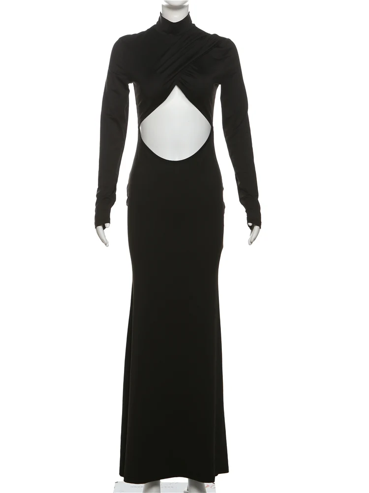 Nibber Sexy Hollow Dress Women Cross Pleats Turtleneck Solid Stretch Full Sleeve Elegant Trend Prom Party Basic Long Bodycon