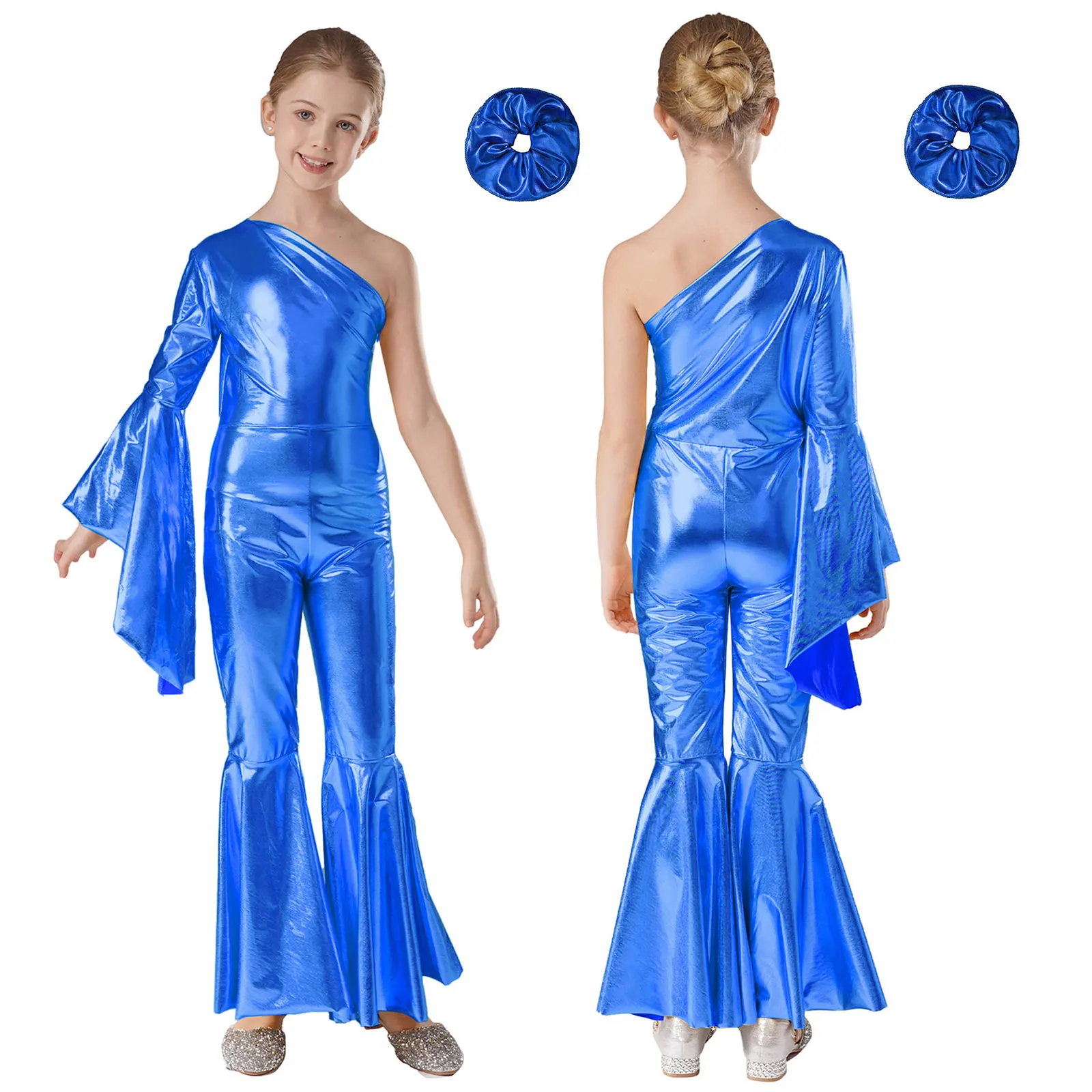 6-16Y Kinder Mädchen Metallic Shiny Bell-Bottom Dance Overall Retro Disco Party Cosplay Kostüm Cheerleading Jazz Tanzen Kleidung – Detail 24