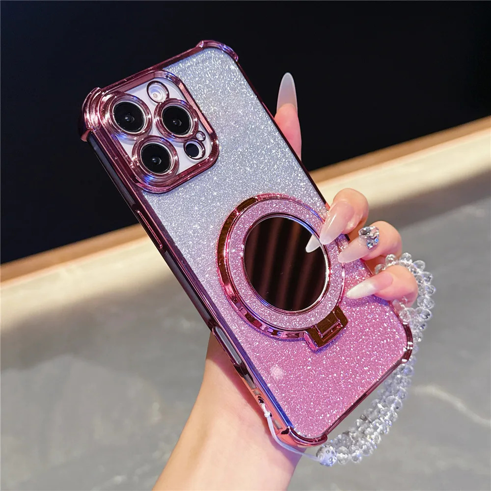 Elegant Crystal Bracelet Shockproof Mirror Case with Magnetic Holder