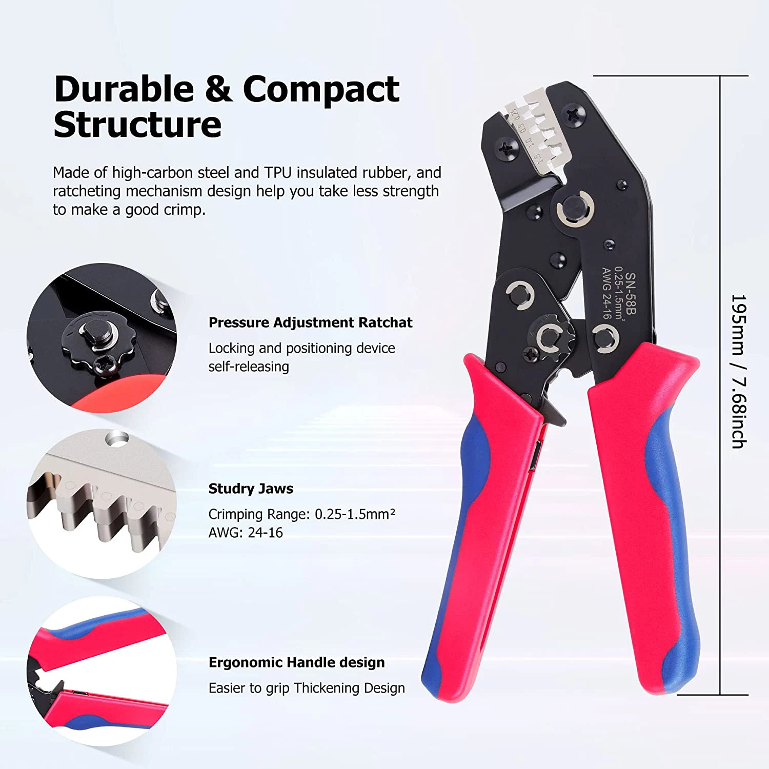 SN-58B Wire Terminal Crimping Tool Kit AWG24-16 Self-Adjusting Ratcheting Wire Crimper 720PCS Male and Female Spade Connectors 3