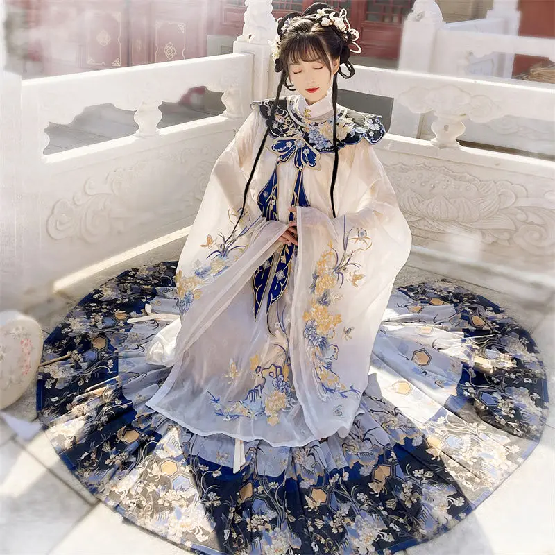 

2024 chinese ming dynasty women standing collar long sleeve coat pleated loose skirt embroidery cloud shoulder hanfu set w404