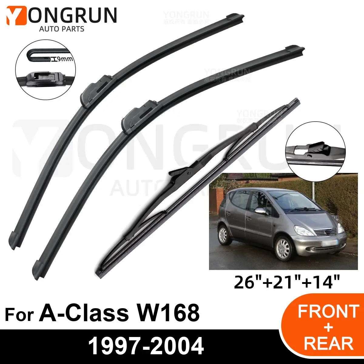 

3PCS Car Wiper for Mercedes Benz A-Class W168 1997-2004 Front Rear Windshield Windscreen Wiper Blade Rubber Accessories