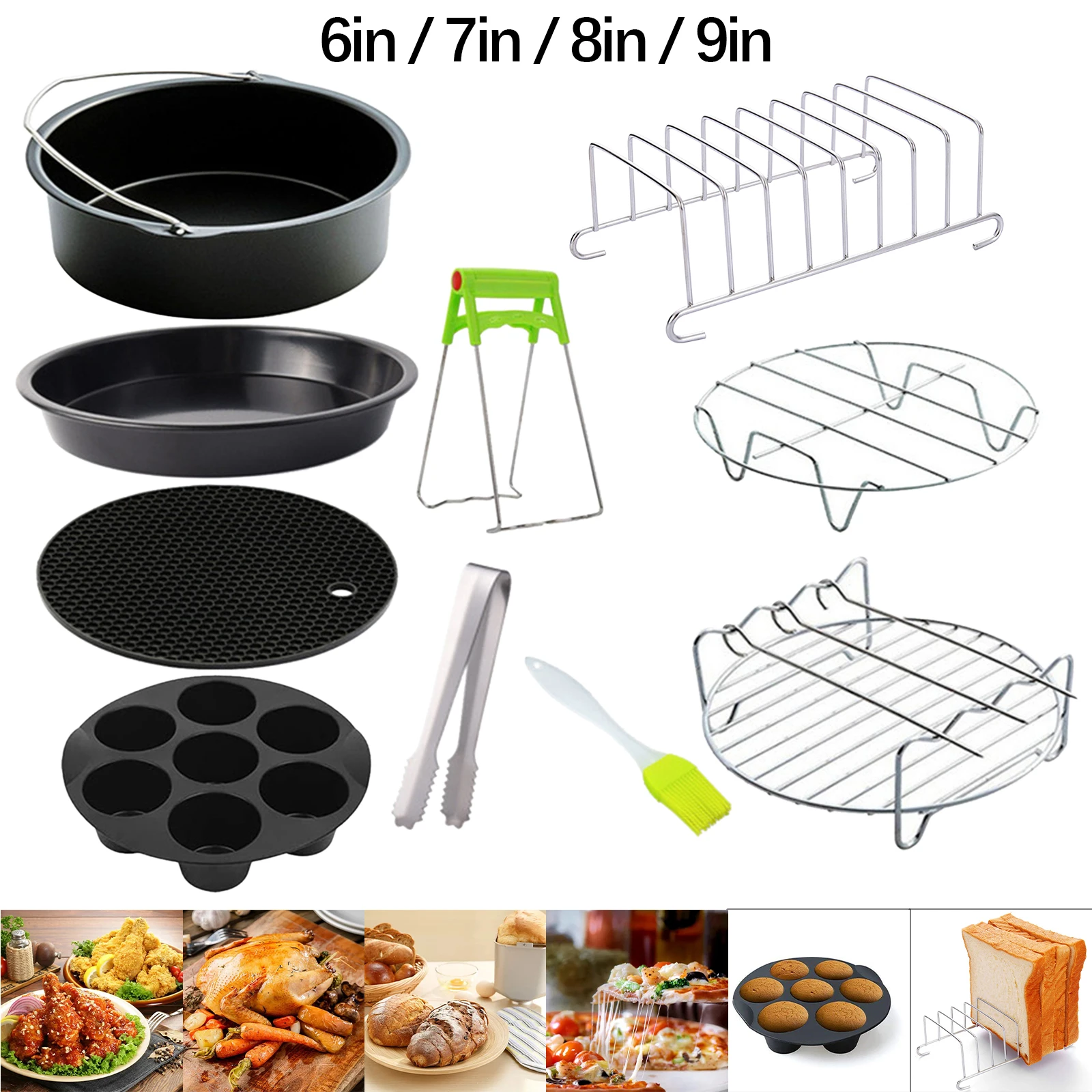 10pcs 6/7/8inch Non-Stick Air Fryer Accessories Set Heat Insulation Pad Pizza Pan Single Layer Steaming Rack Set