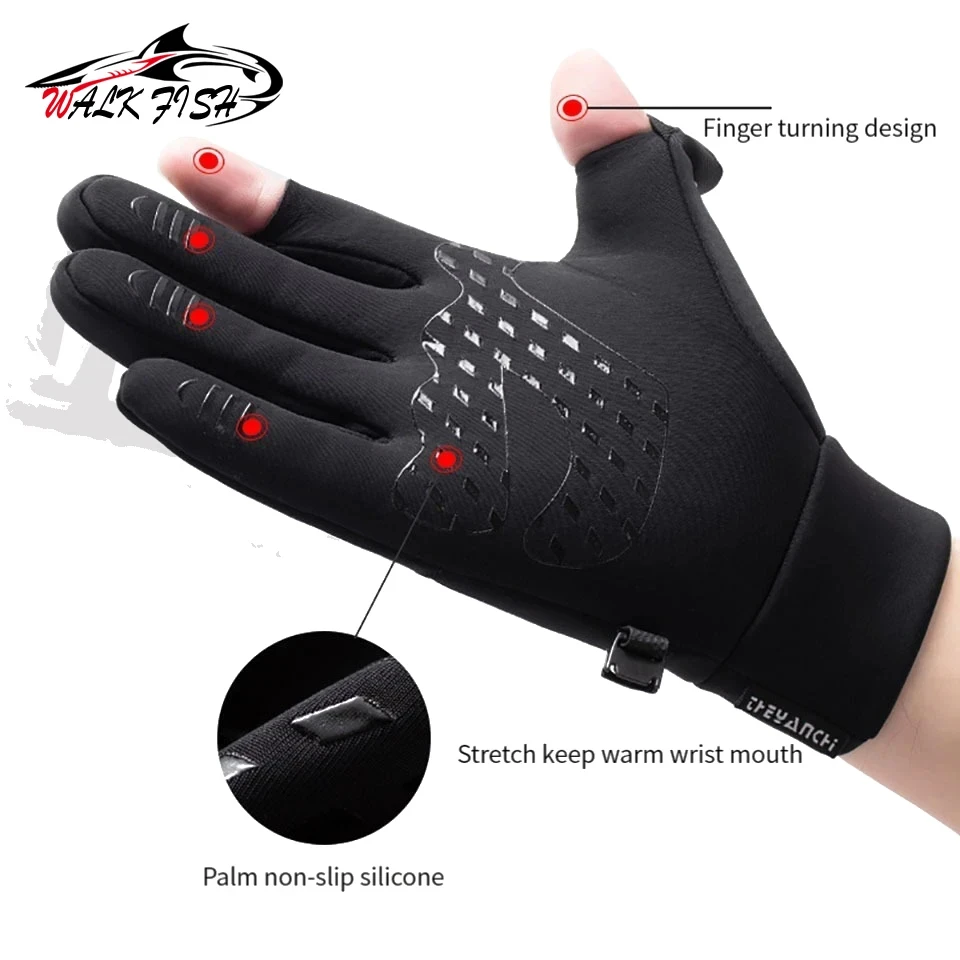 WALK FISH Fishing Gloves Warm Windproof Waterproof Touch Screen Anti Slip Outdoor Sport Running Exposed Fingers Gloves Unisex 5