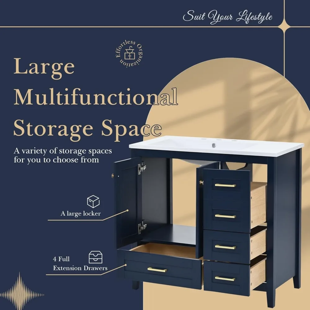 36 Inch Bathroom Vanity with Sink Top,Freestanding Cabinet with 2 Doors & 4 Drawers,Solid Wood Frame, Counter top with Left Sink 4