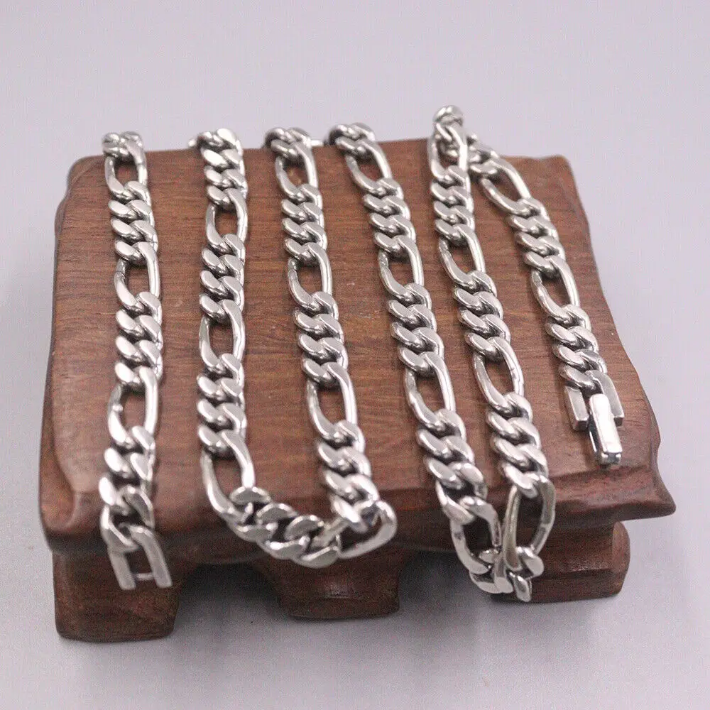 

Real 925 Sterling Silver 7mm Figaro Link Chain Men's Necklace 21.6inch 50-55gram
