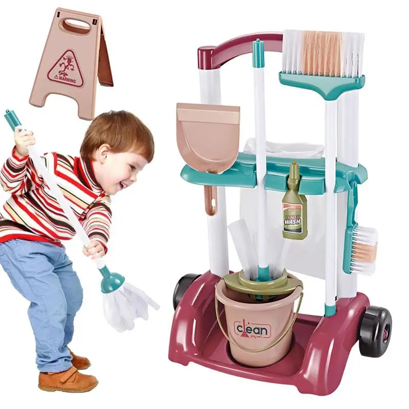 Simulation Cleaning Tool Cart Pretend Play Kids Toys Broom For Children Home Cleaning Hygiene Toys Vacuum Cleaner Broom Mop Set 4