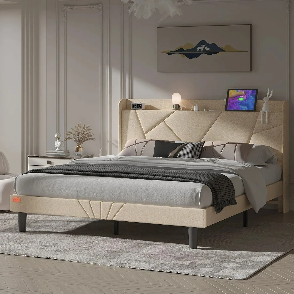 Queen Bed Frame with Charging Station, Upholstered Platform Bed with Wingback Storage Headboard, Beige EASY TO ASSEMBLE 6