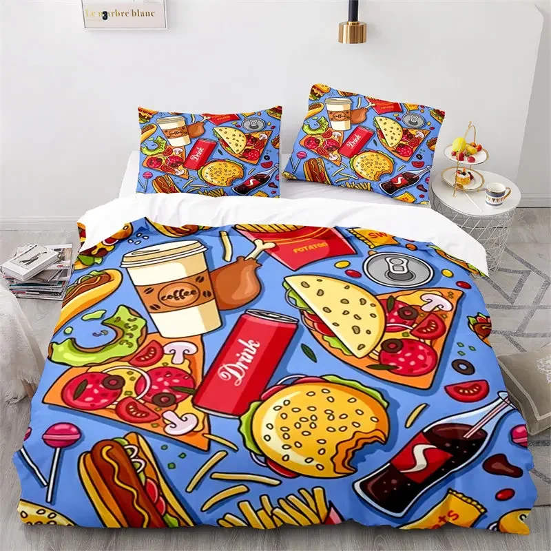 Creative Fast Food Duvet Cover Pizza Hamburger Print Comforter Cover Microfiber Bedding Set King Queen For Kids Teen Room Decor