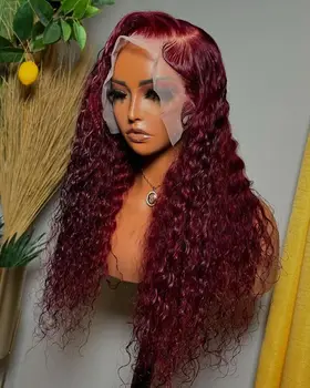 Deep Wave 13X4 Lace Frontal Wig 99J Red Burgundy Color Synthetic Wigs For Black Women Preplucked Bleached Knots Glueless Wig 1