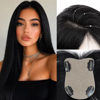 Topper per capelli lisci da donna con base in seta effetto pelle, in capelli umani vergini, copertura traspirante in seta con clip.