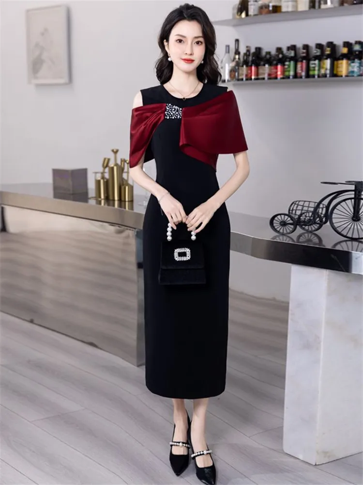 

Patchwork Dress Women's Clothing Round Neck Diamond Midlength Bag Hip Skirt Fashion Evening Gown M324