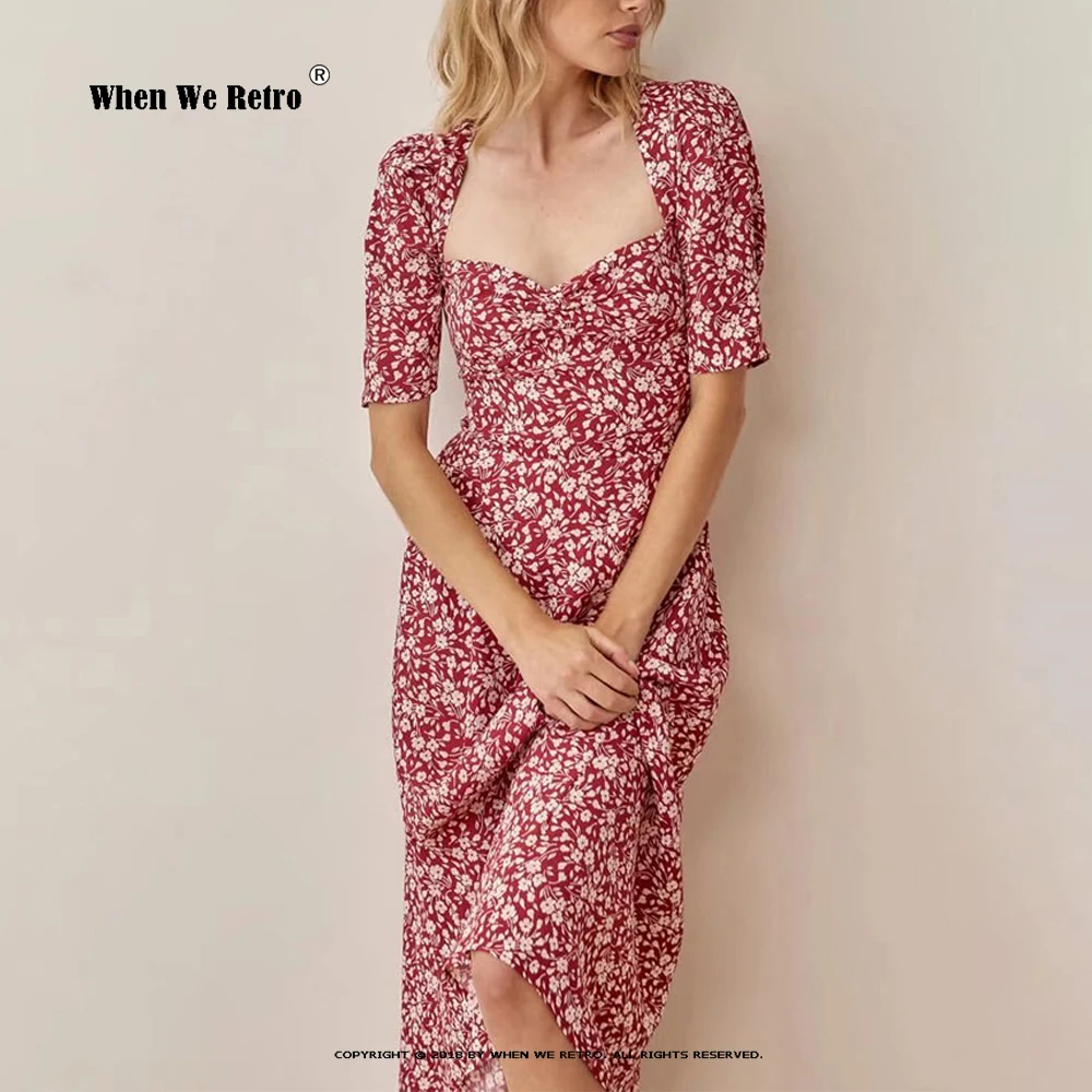 

Women's Chiffon Dress Vintage Red Floral Print Square Neck Casual Long Bohemian Party Beach Summer Dress Chic Sundress RS244