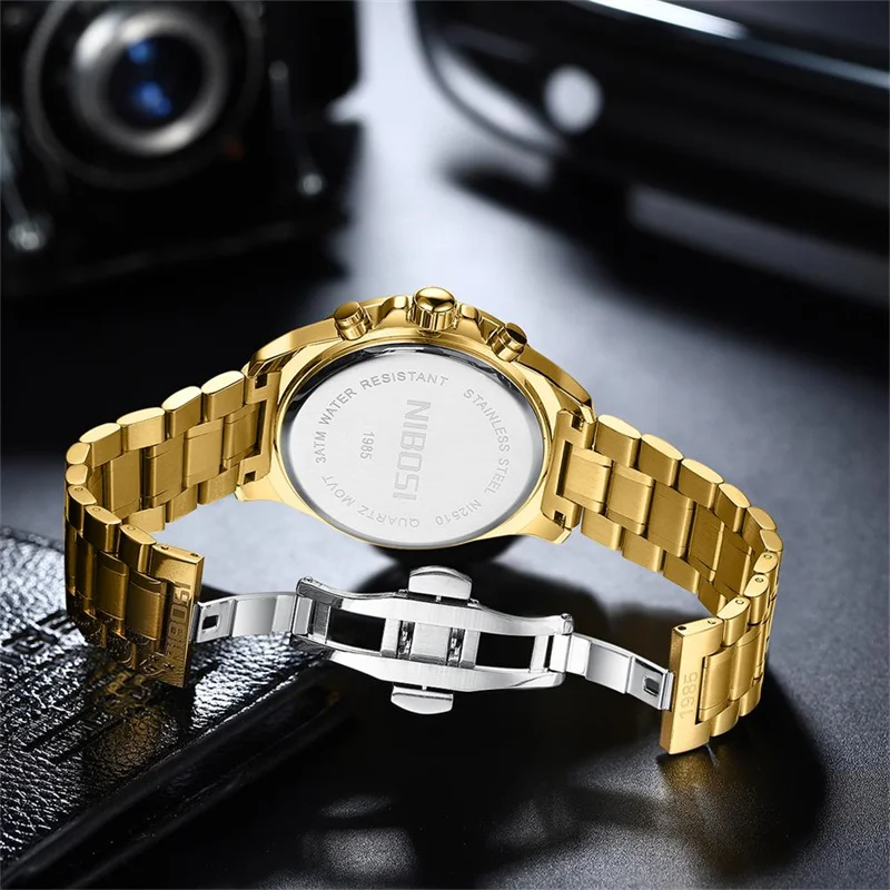 NIBOSI Mens Quartz Watches Top Brand Luxury Stainless Steel Waterproof Calendar Chronograph Wristwatch Man Relogio Masculino