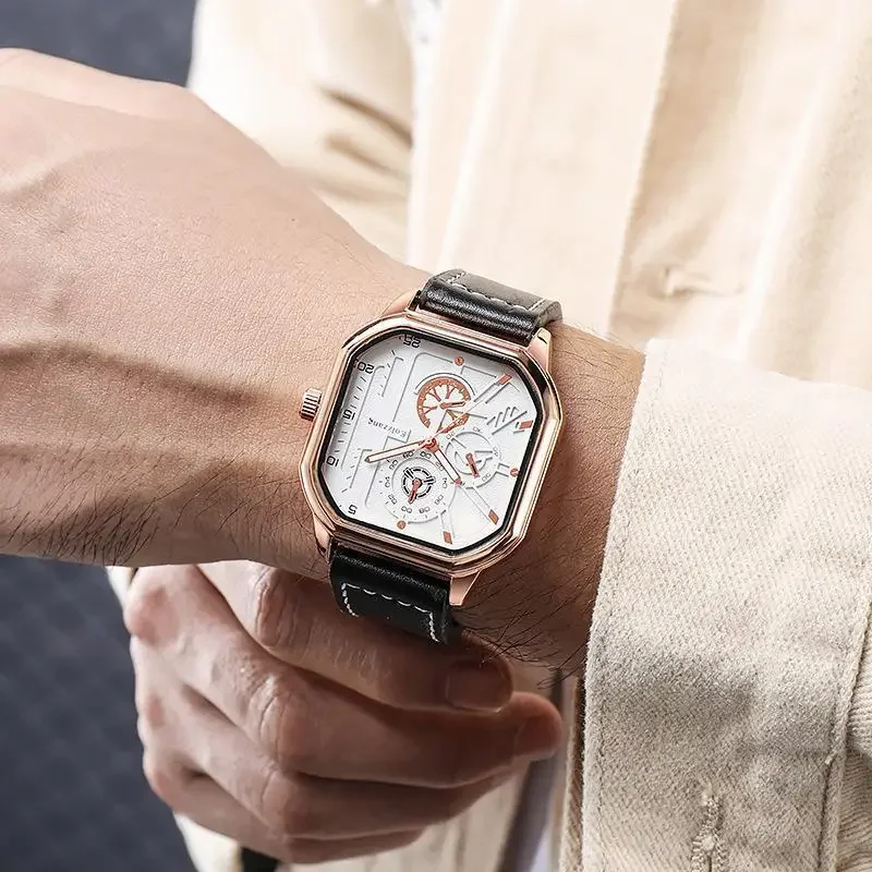 YIKAZE Men's Quartz Watches Alloy Dial Business Men Watch PU Leather Strap Square Sports Watch Cool Black Wristwatch for man 4