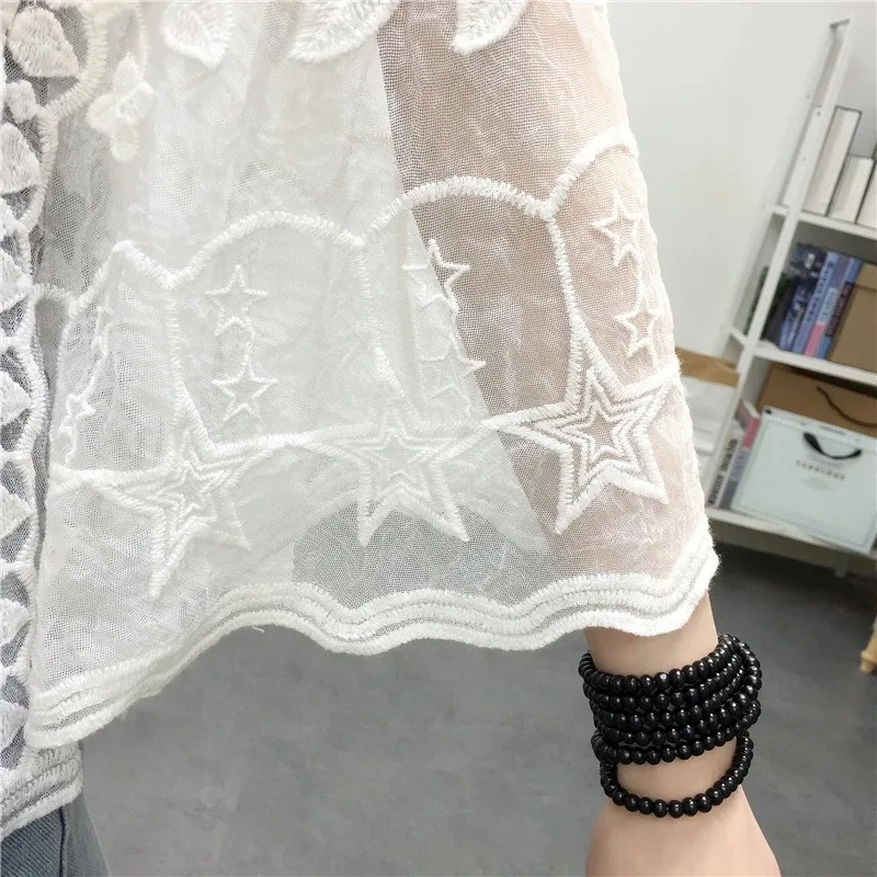 Embroidery Lace White Shirt Woman Summer 2025 Flare Sleeve Elegant Blouse Women Blusas Casual O-neck Tops Female Clothing 25897