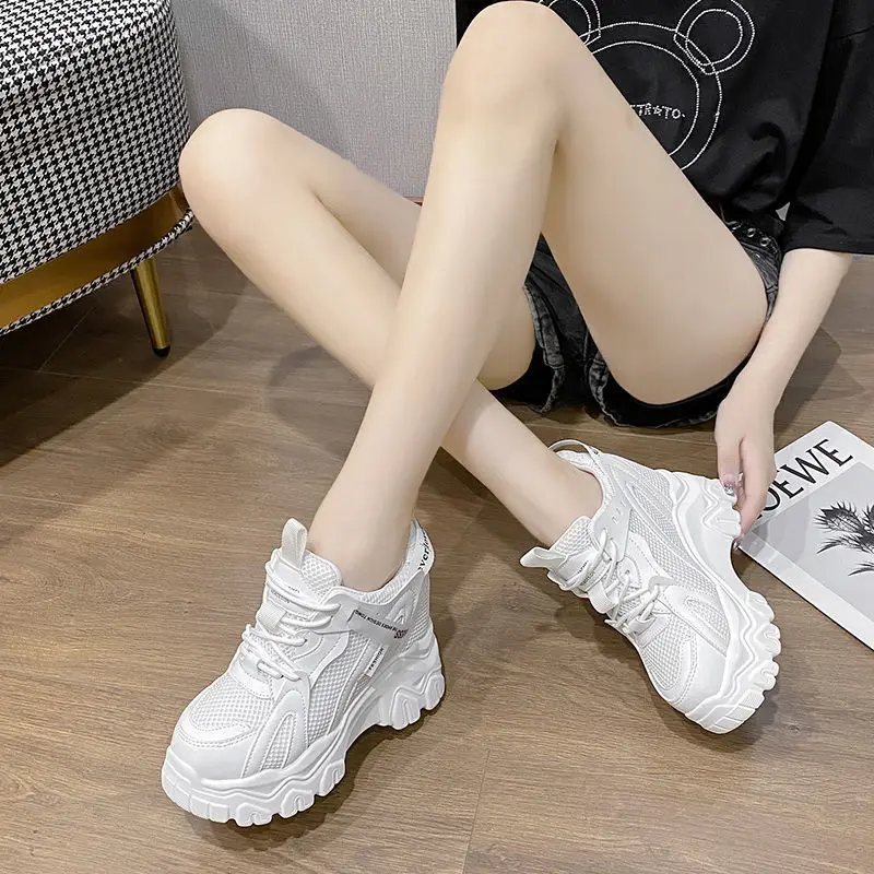 Autumn New High-top Mesh Breathable Dad Shoes With 10CM Increase In Height Thick-soled Casual Sports Vulcanized Shoes For Women