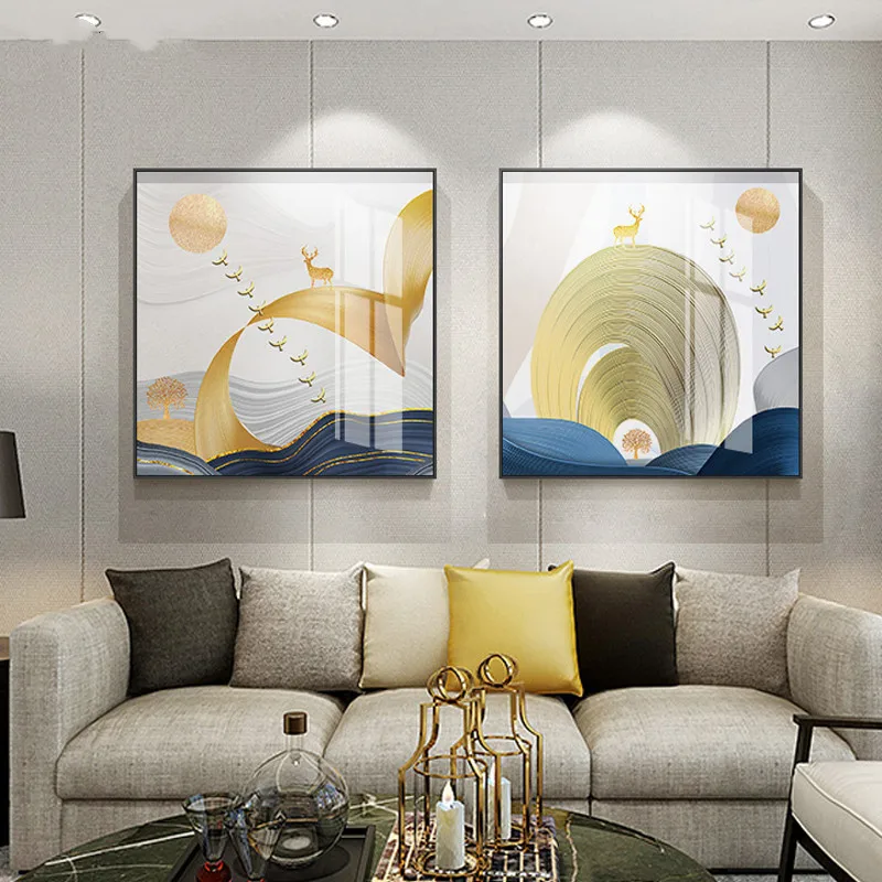 Abstract Golden Deer Elk Poster Bird Rising Sun Landscape Wall Art Dipinti Su Tela Nordic Luxury Ribbon Prints For Living Room