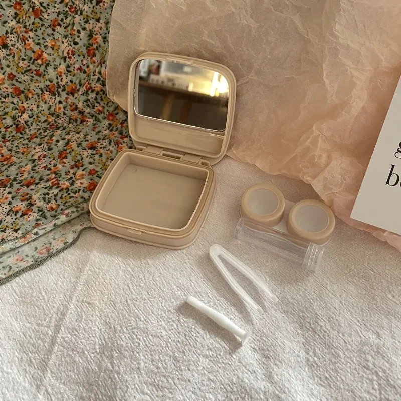 Ins Colored Flower Korean Women Contact Lens Case Portable Beauty Contact Lens Container Box with Mirror Tweezers Travel Box