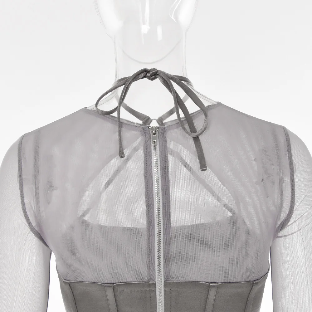 Asymmetrical See Through Sexy Women Clothes Solid Sheer Grey Elegant Corset Tops Club Mesh Outfits Long Sleeve Streetwear