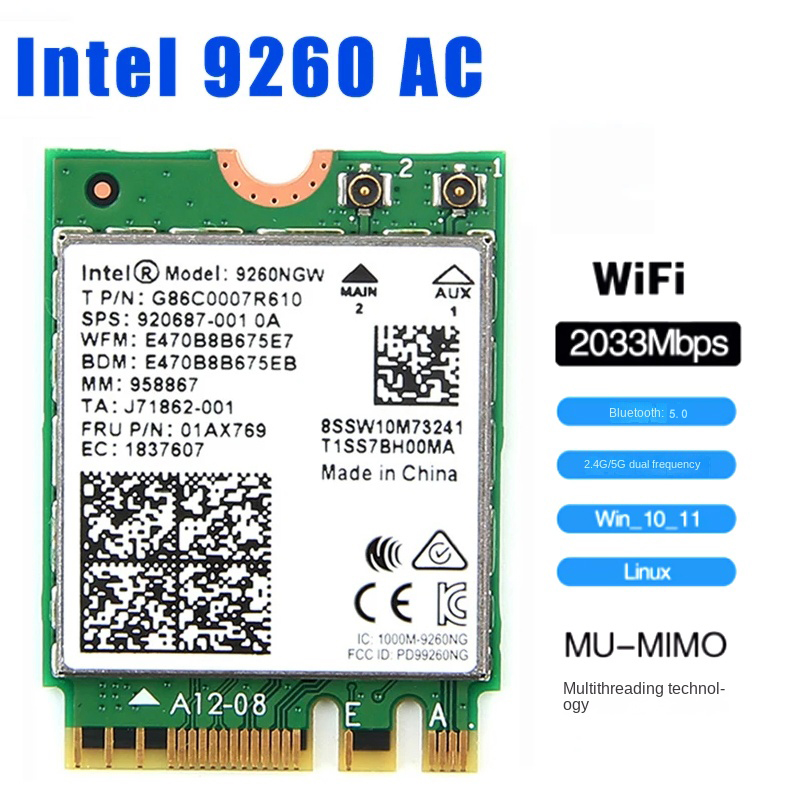 9260 WiFi 5 Wireless Network Card Bluetooth 5.0M.2 9260NGW 2033Mbps 802.11AC Dual-Band 2.4G 5G Windows 10 11 Laptop