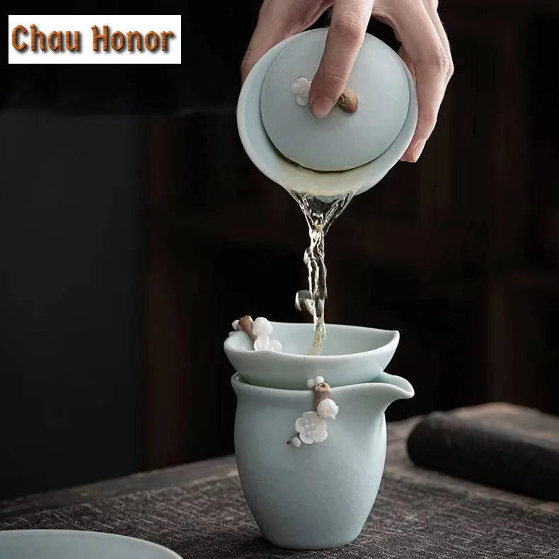 140ml Creative Ru Kiln Ceramic Sancai Covered Bowl Hand Pinch Flower Bud Art Tea Tureen Tea Making Gaiwan Kung Fu Tea Set Gifts