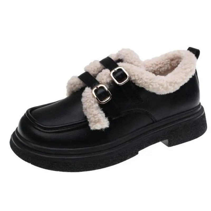 

35-40 Womens Cowhide Leather Shoes Female Winter 3.5cm Heel Slip-on Leisure Fleece-lined Retro Keep Warm Ladies Footwear Hw62