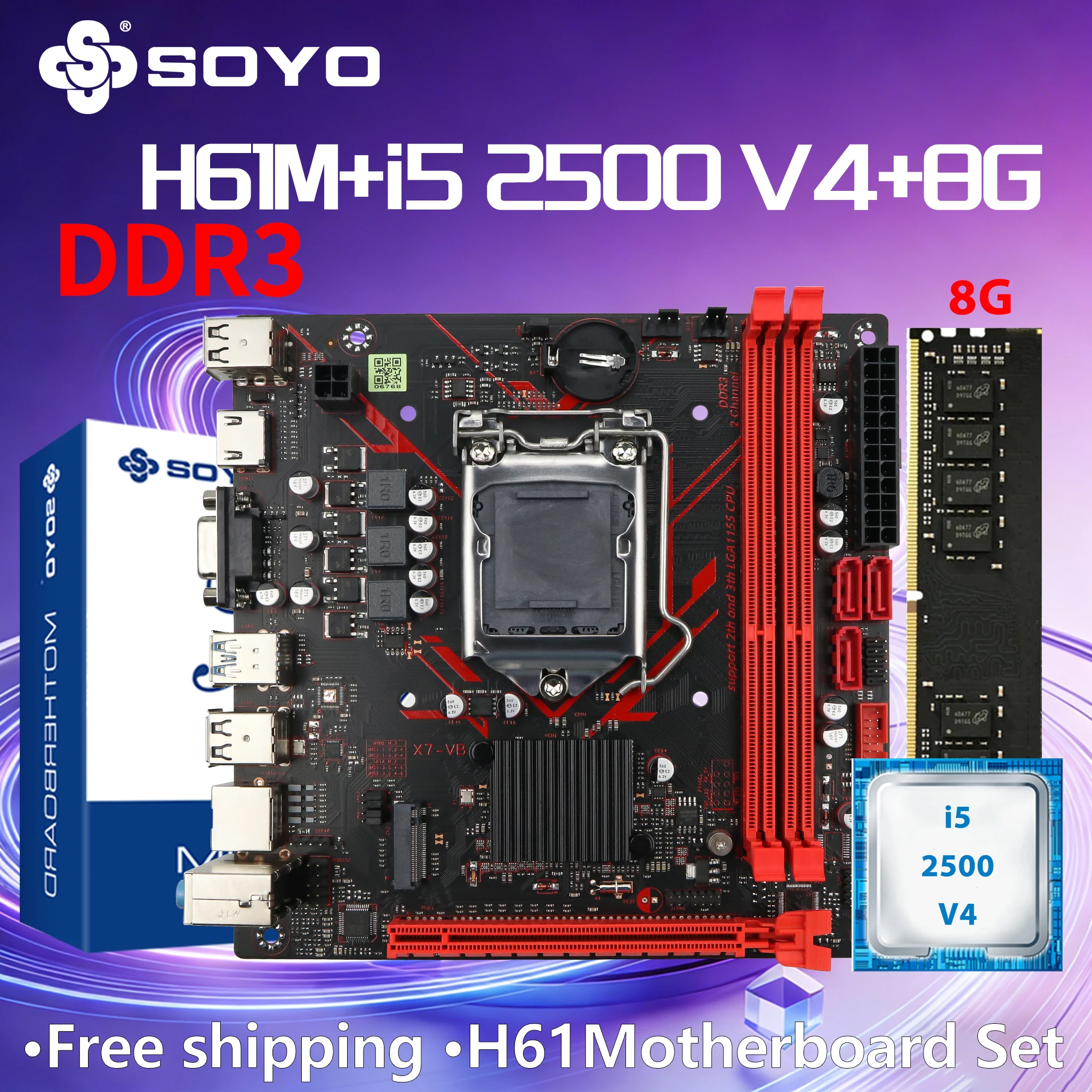 H61M DDR3-AX Motherboard xeon+i5 2500 CPU+8G*1 completo DDR3 Dual Memory InteILGA1155 M.2 SATA2.0 SOYO HDMI VGA PCIE3.0X8 USB2.0