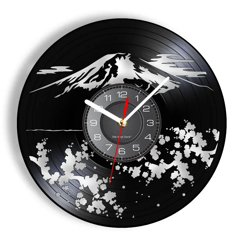 

Fudziyama Sakura Mount Snow Mountain Music Vinyl Record Wall Clock Japan Landmark Travel Home Decor Cherry Blossom Silent Clock