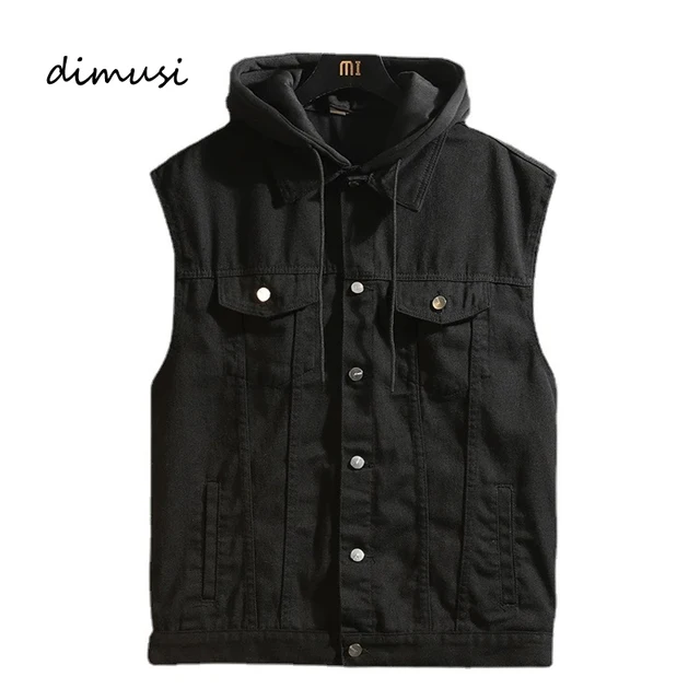 Gilet en Jean Noir à Capuche pour Homme, Streetwear Rétro, Vêtement de Loisirs, Collection Automne et Hiver 1