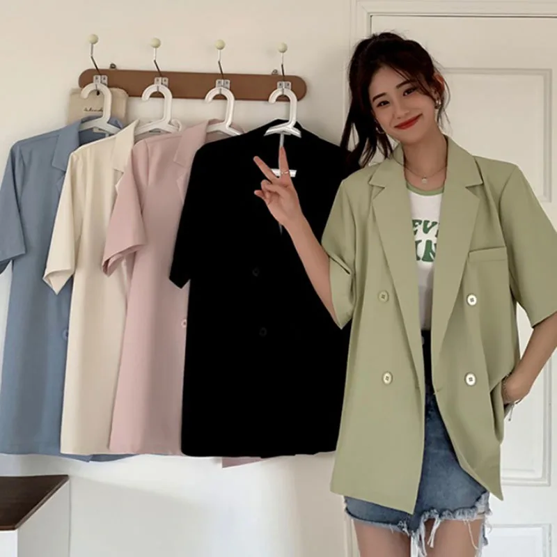 

Summer Chic tops 2023 Korea Women Vintage Office Suit Coat Ladies Fashion Short Sleeve Double Breasted Blazer Cardigan Outerwear