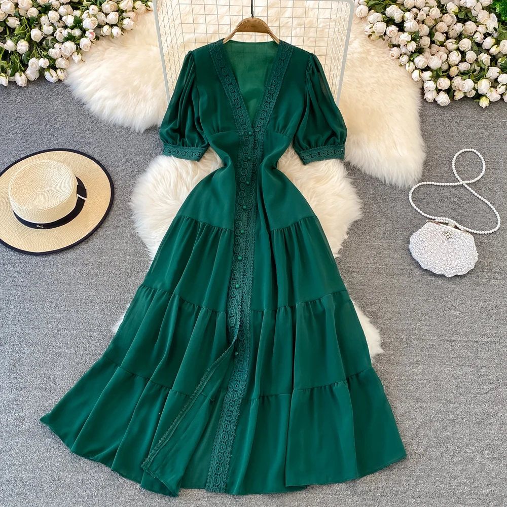 New Women Vintage Party Dress Summer Puff Sleeve Sexy V Neck Lace Single-breasted Long Dresses Ladies A Line Elegant Long Robe