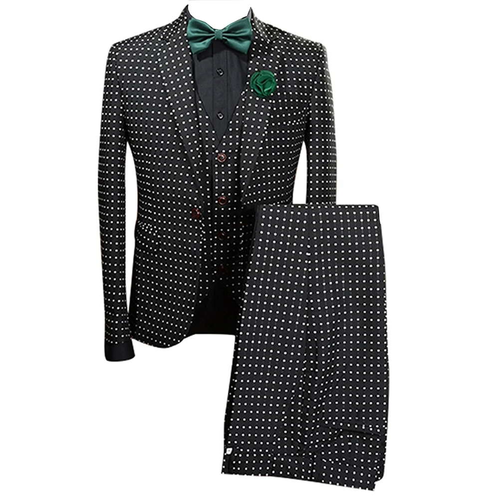 Men's Polka Dots One Button Suit Three Pieces Notch Lapel Tuxedos for Formal/Party