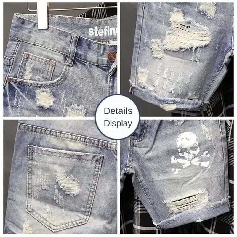 Men jeans ripped hole skeleton skull printed Korean slim fitting cowboy denim shorts