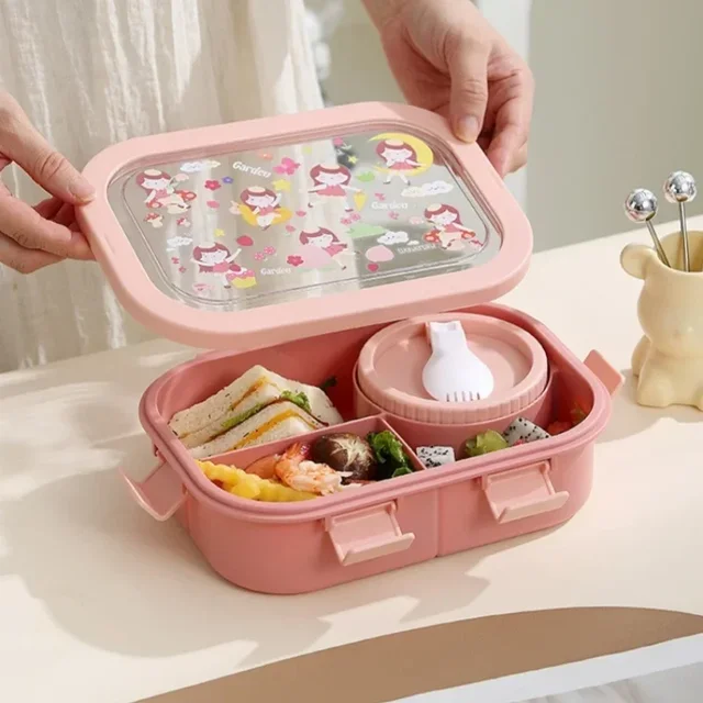 Boîte à déjeuner de dessin animé pour enfant, compartiment Portable, boîte à repas de pique-nique avec bol à soupe anti-fuite, boîte à Bento chauffante pour micro-ondes 4