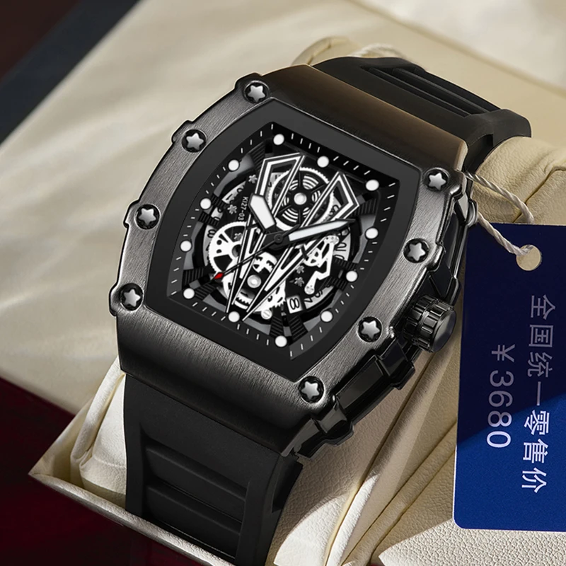 Luxury Brand Mens Wristwatch Fashion Black Skeleton Dial Quartz Watches Man Sport Waterproof Auto Date Mille Clock Dropshipping