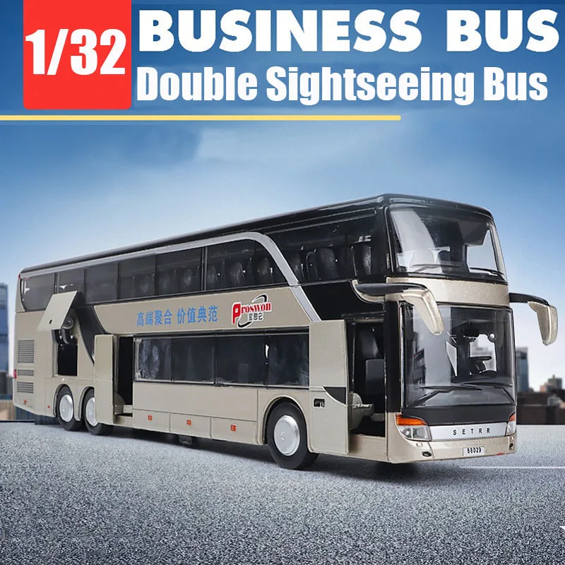 1:32 High Quality Alloy Double Deck Bus Sound Light Metal Diecast Pull Back Simulation Luxury Sightseeing Bus Vehicle Kids Toys 2