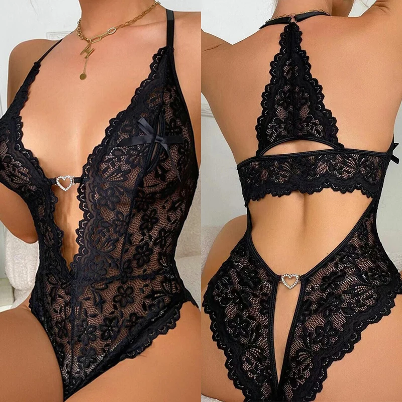 Lace Transparent Deep V Sexy Babydoll Dress Crotchless Lingerie Women Plus Size Bodysuit Erotic Costumes Porno Underwear