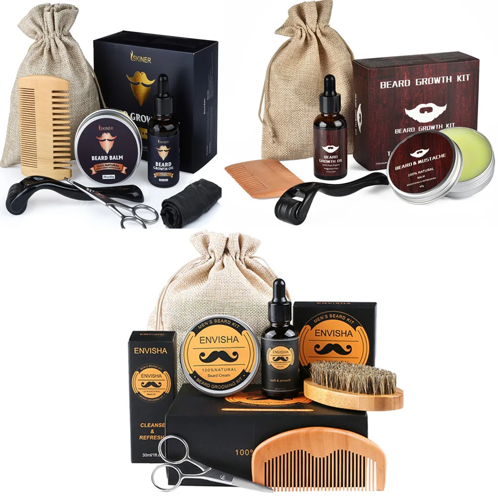 Beard Growth Kit For Men Barbe Hair Enhancer beard Essential Oil Moisturizing Wax Growth Roller Comb Styling Scissors Beard Care