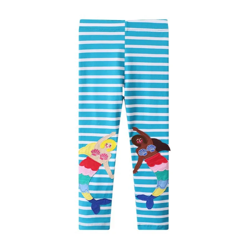 Jumping Meters Girls Blue Leggings Pants Mermaid Embroidery Autumn Spring Full Length Kids Trousers Stripe Toddler Pencil Pants