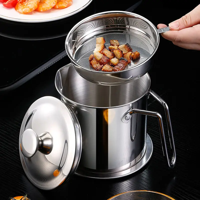 

1.3L Kitchen Stainless Steel Oil Filter Pot with Tray High Capacity Lard Tank Residue Strainer Grease Separator Cooking Utensils