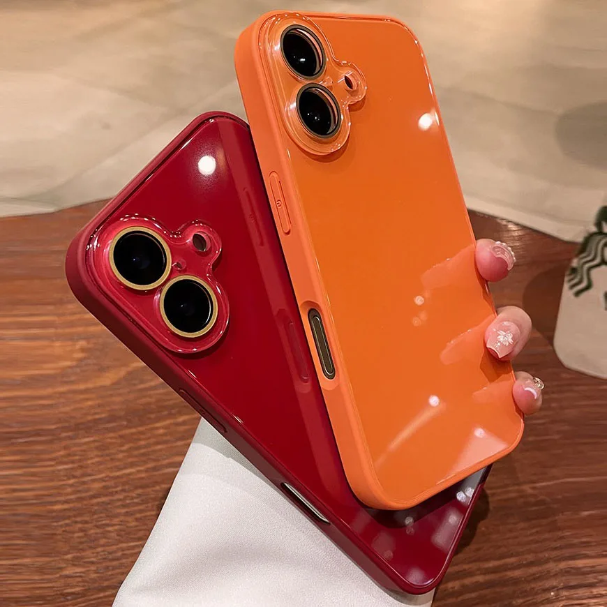 Luxury Glossy Tempered Glass Case with Camera Protector and Shockproof Hard Cover