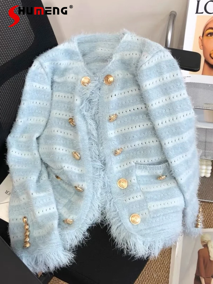 

Женский вязаный свитер с длинными рукавами, элегантный плюшевый кардиган с кисточками и металлическими пуговицами, осень 2023