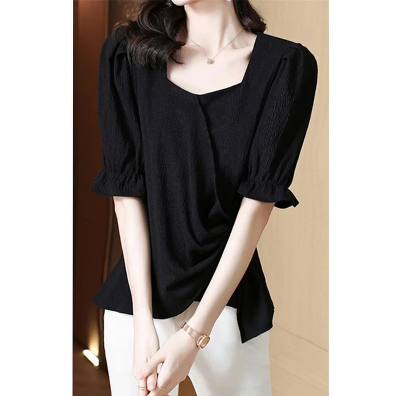 Women Clothing Summer Korean Fashion Elegant Irregular Blouse Office Lady Casual Short Sleeve Shirt Square Neck Solid Slim Tops
