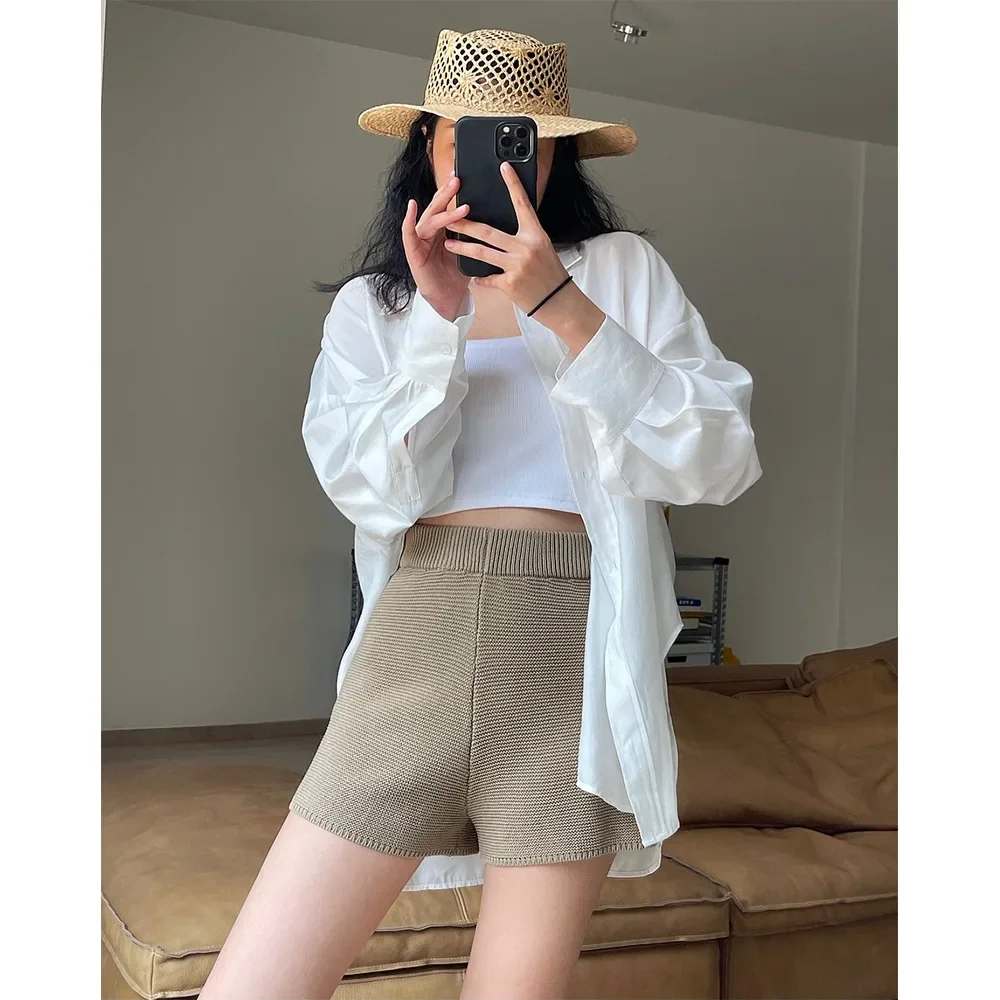 

Girls Summer Korean Style Linen Knitted Shorts High Waist Thin Loose Breathable Casual Shorts Women Black Khaki Sexy Knitwear