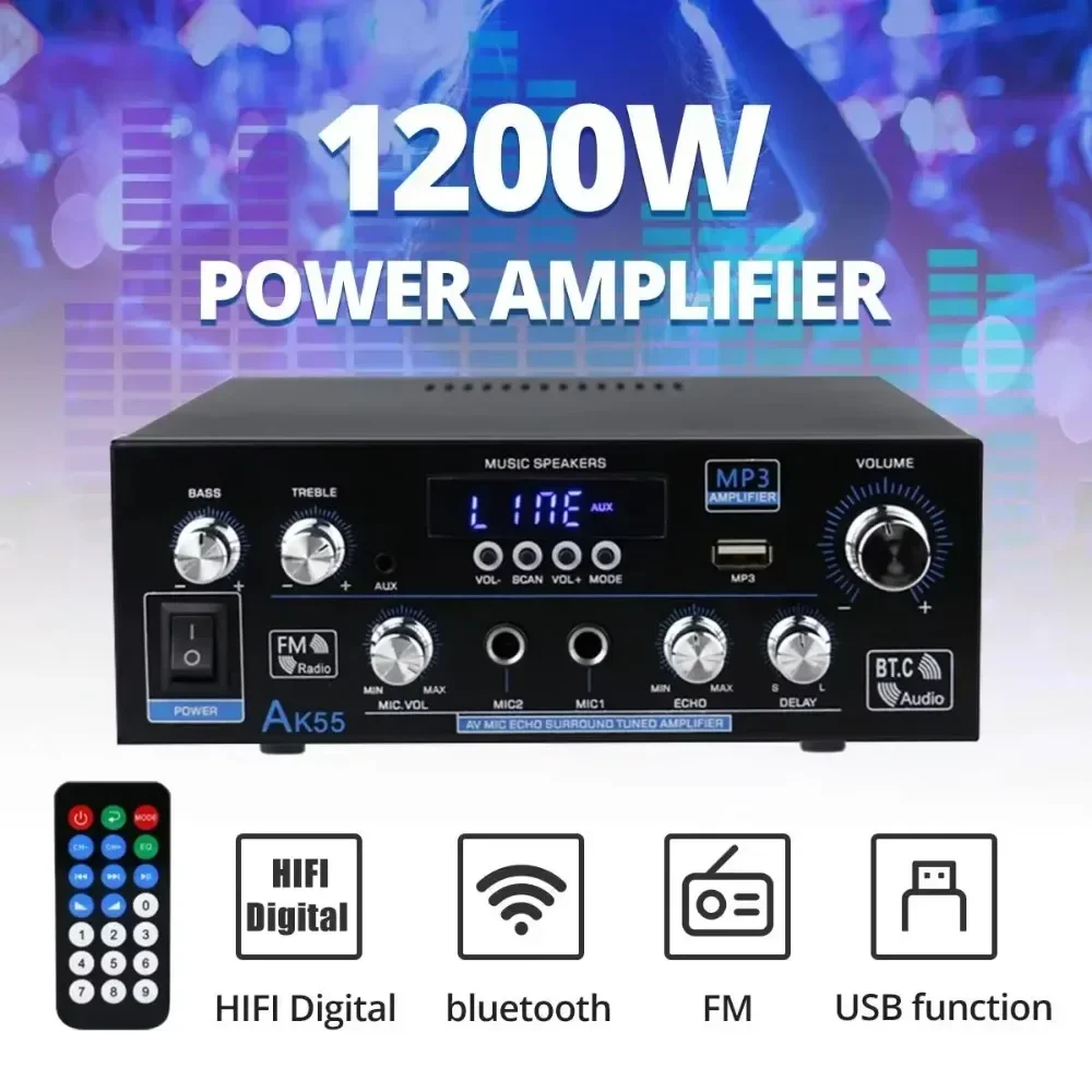 Upgraded AK55 1200W Mini Hi-Fi Digital bluetooth-compatible 5.0 110-240V Wireless Power Amplifier for Car Home Audio Use 3